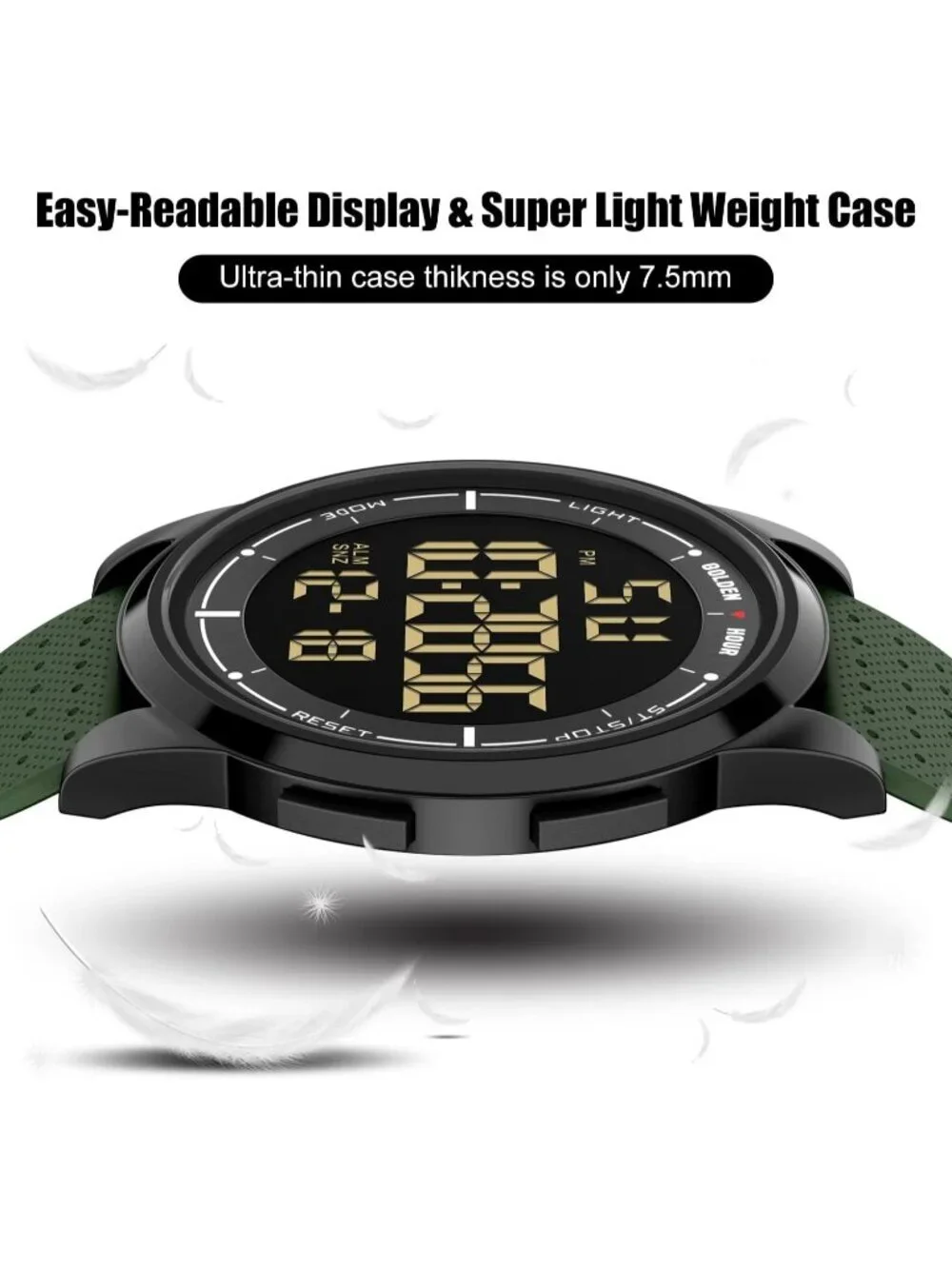 Men's Army Green Rubber Strap Ultra-Thin Minimalist Waterproof Digital Watch